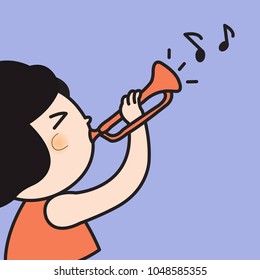 Asian Kid Girl Playing Trumpet. Asia Female Child Blowing Trumpet Music Instrument Concept Card Character illustration