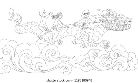 Asian kids in traditional dress riding Chinese dragon holding the ball above the clouds for design element and coloring book page for kids. Vector illustration