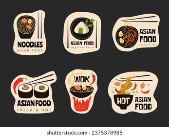 Asian kitchen badges. Stylized illustration of asian cousine with specific foods wok fish pepper and noodles recent vector pictures set