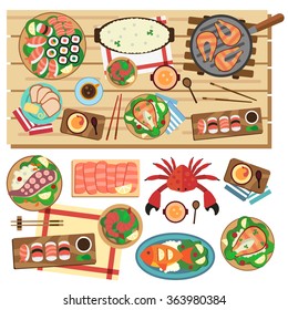 Asian kitchen. A lot of different seafood: crab, sushi, rolls, boiled rice, salmon grilled, coffee cup, soy sauce, octopus, fish. Flat vector illustration set. 