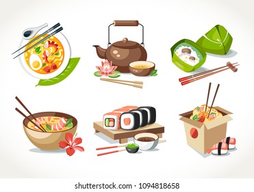 Asian kitchen food laksa soup tea pot ceremony zongzi sushi noodles chinese japanese thai dishes