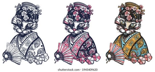 Asian kitty geisha princess. Funny oriental cat. Old school tattoo vector art. Hand drawn cartoon character set. Isolated on white 