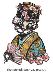 Asian kitty geisha princess. Funny oriental cat. Old school tattoo vector art. Hand drawn graphic. Isolated on white. Traditional flash tattooing style