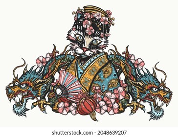 Asian kitty geisha princess, sakura flowers and dragons. Japan and China style. Funny pets art, animals hand drawn. Traditional tattooing art. Cats old school tattoo vector concept