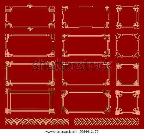 Asian knot frames and borders, Korean,\
Chinese and Japanese knot patterns, vector. Chinese golden knot\
frames, dividers and boarders on red background, asian oriental\
line pattern\
embellishment