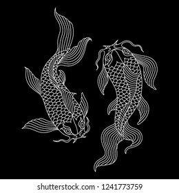 asian koi carp fish couple, thin line vector chinese style illustration on black background