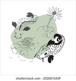 Asian koi carp vector silhouette isolated with green shape on white background. For postcards, posters, invitations. Lotuses in a linear style. 