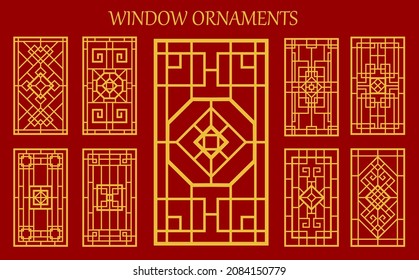 adornos o adornos de ventanas de estilo asiático coreano, chino y japonés. Patrones vectoriales asiáticos tradicionales para la decoración de paredes, puertas o ventanas. Cuadrícula oriental de entramado de oro vintage sobre fondo rojo