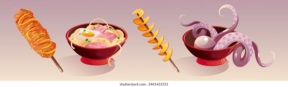 Asian and Korean food. Noodle and soup meal set. Chinese restaurant plate and tempura snack in menu collection. Cute fried corn dog with delicious traditional octopus feet dish for lunch in cafe