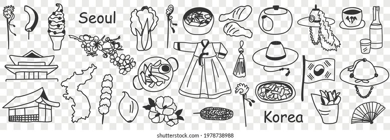 Asian korean symbols doodle set. Collection of hand drawn various traditional signs symbols of Korea for tourism in rows isolated on transparent background 