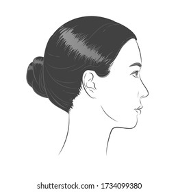 Asian korean woman face in profile aspect Young beautiful girl with healthy skin and Silky, Smooth Hair. Black and white line sketch portrait. Close up vector sketch isolated on white.