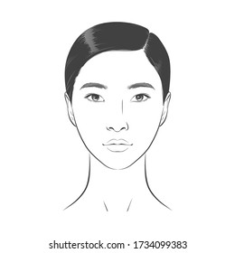 Asian korean woman face. Young beautiful girl with healthy skin and Silky, Smooth Hair. Black and white line sketch front portrait. Close up vector sketch isolated on white.