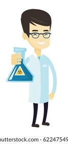 Asian laboratory assistant in medical gown showing flask with biohazard sign. Young laboratory assistant holding flask with biohazard sign. Vector flat design illustration isolated on white background