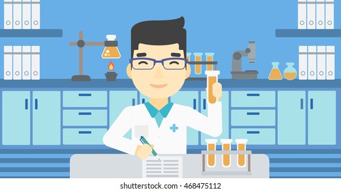 An asian laboratory assistant taking some notes. Laboratory assistant working with a test tube at the lab. Vector flat design illustration. Horizontal layout.