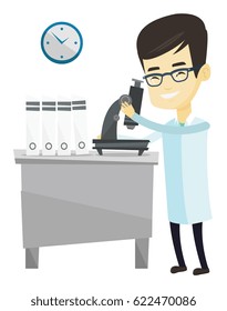 Asian laboratory assistant working with microscope. Young scientist working at the laboratory. Laboratory assistant using a microscope. Vector flat design illustration isolated on white background.