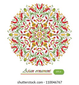 Asian lace east pattern texture for sign, symbol, summer ornament on beautiful background, style card, eco mosaic, banner, border, frame, traditional circle template, art cute vector eps 8