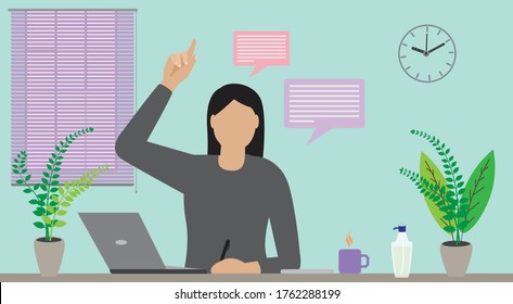 Asian lady got some questions. Attending conference meeting, group of young people sitting on together while one female raising her hand concept India stock Illustration