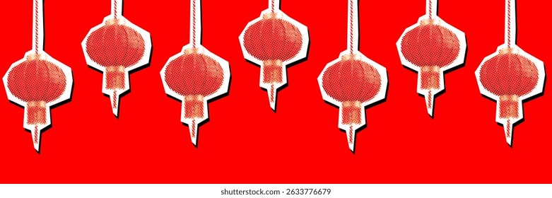 Asian lampion in dotted pointillize style with paper torn effect. Vector collage element, ideal for decoration, festive themes, and oriental designs. Clean and artistic layout.