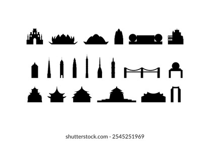 Asian landmark vector icon collection. Isolated black and white temple, tower, shrine, arc, bridge contours and logo pack for web design, infographics