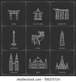 Asian landmarks. The collection include Japan, South Korea, Singapore, Indonesia, China, Vietnam, Malaysia, India and Thailand famous buildings and monuments. 