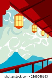 Asian Landscape Blue Mountain View From A Porch With Red Ceiling  And Hanging Lanter.n 