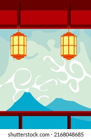 Asian Landscape Blue Mountain View From A Porch With Red Ceiling  And Hanging Lanter.n 