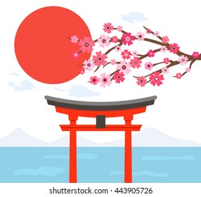 Asian landscape in the flat style isolated on white background