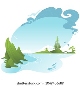 Asian landscape with lake and mountain. Vector silhouette.