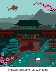 Asian landscape. The picture shows mountains and a lake, as well as palace buildings. Vector illustration.