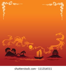 Asian landscape with silhouette of chinese junk