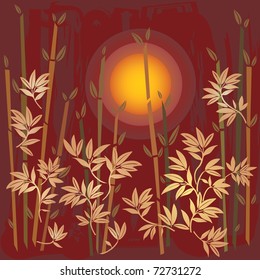 Asian Landscape Sunset Illustration with Bamboos in Red and Gold Colors
