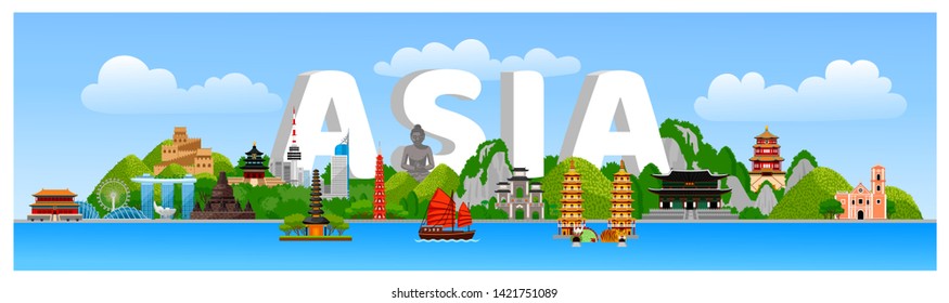 Asian landscape with temples, churches, towers, landmarks, attractions, jeepney, tricycle, boats. Skyline city and mountains with green trees. Flat cartoon horizontal panoramic illustration.