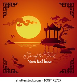 Asian Landscape with traditional architecture, sunset, crane and fish. Vector background.
