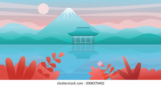 Asiatische Landschaft, Vektorgrafik. Japanische Landschaft Hintergrund mit See, Pagode, Berg. Orientalischer Tempel im Zentrum.