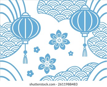 Asian Lantern and Floral Seamless Pattern with Traditional Wave Motif

