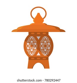 Asian lantern isolated on white background. Traditional lighting equipment made of metal. Lantern for temples, gardens and other places that include tradition in their decor. Vector illustration