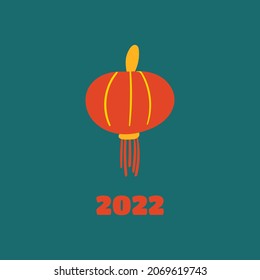 Linterna asiática de fondo verde. Ilustración dibujada a mano por vectores. Tarjeta de felicitación de China para el año nuevo 2022. Perfecto para textiles, carteles de vacaciones, pancartas, volantes y folletos