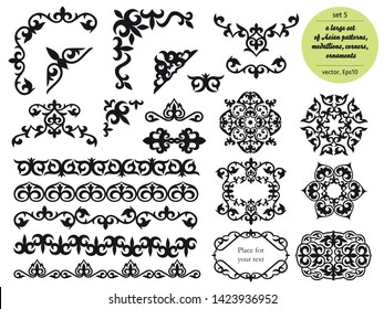 Asian large set of patterns and ornaments. Set of seamless borders, beautiful angles, medallions.Oriental, floral designs, brush sets for design.