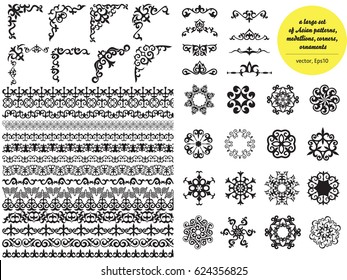 Gran conjunto asiático de patrones y adornos. Conjunto de bordes sin fisuras, hermosos ángulos, medallones.Oriental, diseños florales, conjuntos de pincel para el diseño.