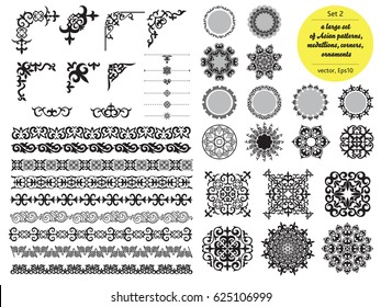 Gran conjunto asiático de patrones y adornos. Conjunto de bordes sin fisuras, hermosos ángulos, medallones.Oriental, diseños florales, conjuntos de pincel para el diseño.