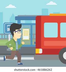 An Asian Latecomer Man Running Along The Sidewalk To Reach A Bus. Young Man Came Too Late At Bus Stop. Man Chasing A Bus. Vector Flat Design Illustration. Square Layout.