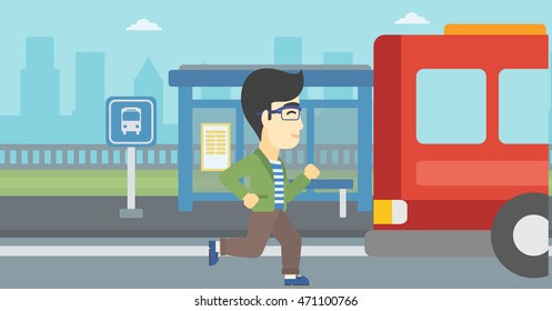 An Asian Latecomer Man Running Along The Sidewalk To Reach A Bus. Young Man Came Too Late At Bus Stop. Man Chasing A Bus. Vector Flat Design Illustration. Horizontal Layout.