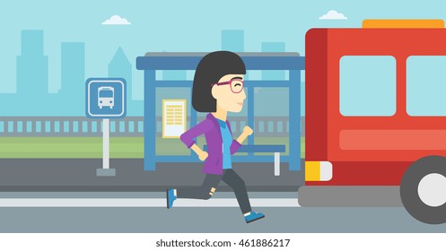 An Asian Latecomer Woman Running Along The Sidewalk To Reach A Bus. Young Woman Came Too Late At Bus Stop. Woman Chasing A Bus. Vector Flat Design Illustration. Horizontal  Layout.