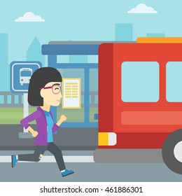 An Asian Latecomer Woman Running Along The Sidewalk To Reach A Bus. Young Woman Came Too Late At Bus Stop. Woman Chasing A Bus. Vector Flat Design Illustration. Square Layout.