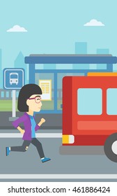 An Asian Latecomer Woman Running Along The Sidewalk To Reach A Bus. Young Woman Came Too Late At Bus Stop. Woman Chasing A Bus. Vector Flat Design Illustration. Vertical Layout.