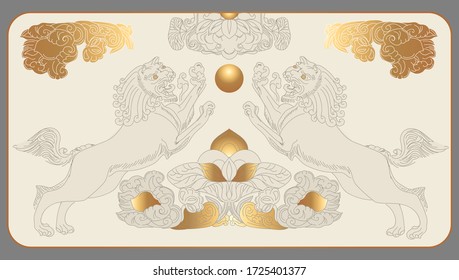 Asian lion dog dragons line art vector drawing illustration art with golden floral decorative ornament elements