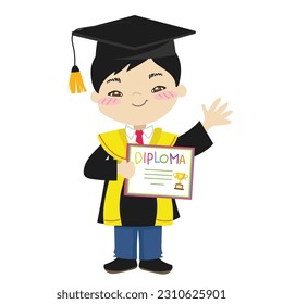 An Asian little boy with black toga dress standing and holding the diploma certificate on white background for kids’ fashion artworks, children books, invitations, graduation cards, posters. 