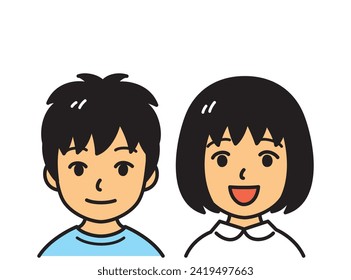 Asian little boy and girl, smiling, vector illustration