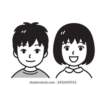 Asian little boy and girl, smiling, vector illustration, black and white illustration