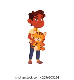 asian little boy holding tiger toy cartoon vector. asian little boy holding tiger toy character. isolated flat cartoon illustration